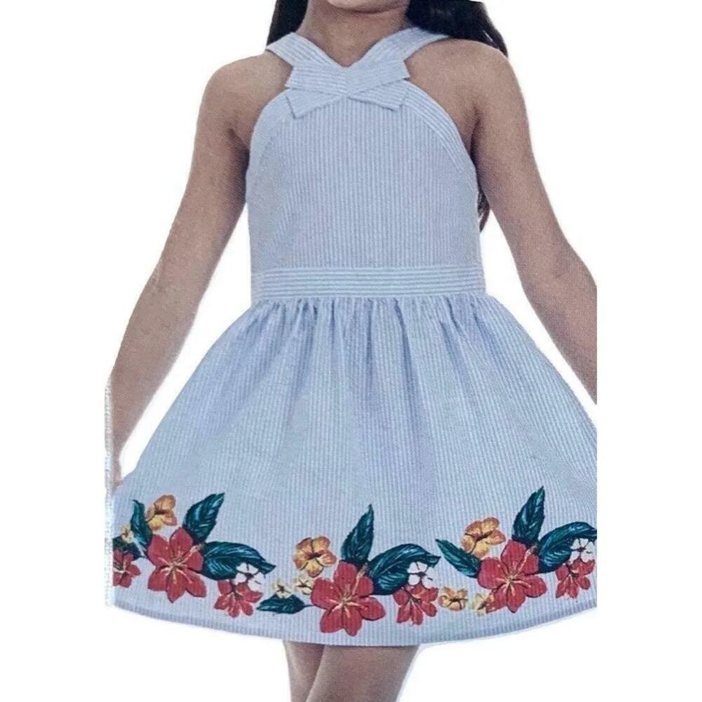 Náutica Striped sleeveless dress hibiscus floral design at bottom trim size 5